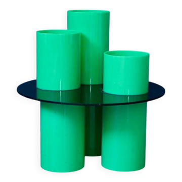 Green plexiglass coffee table in Memphis design style from the 1980s.