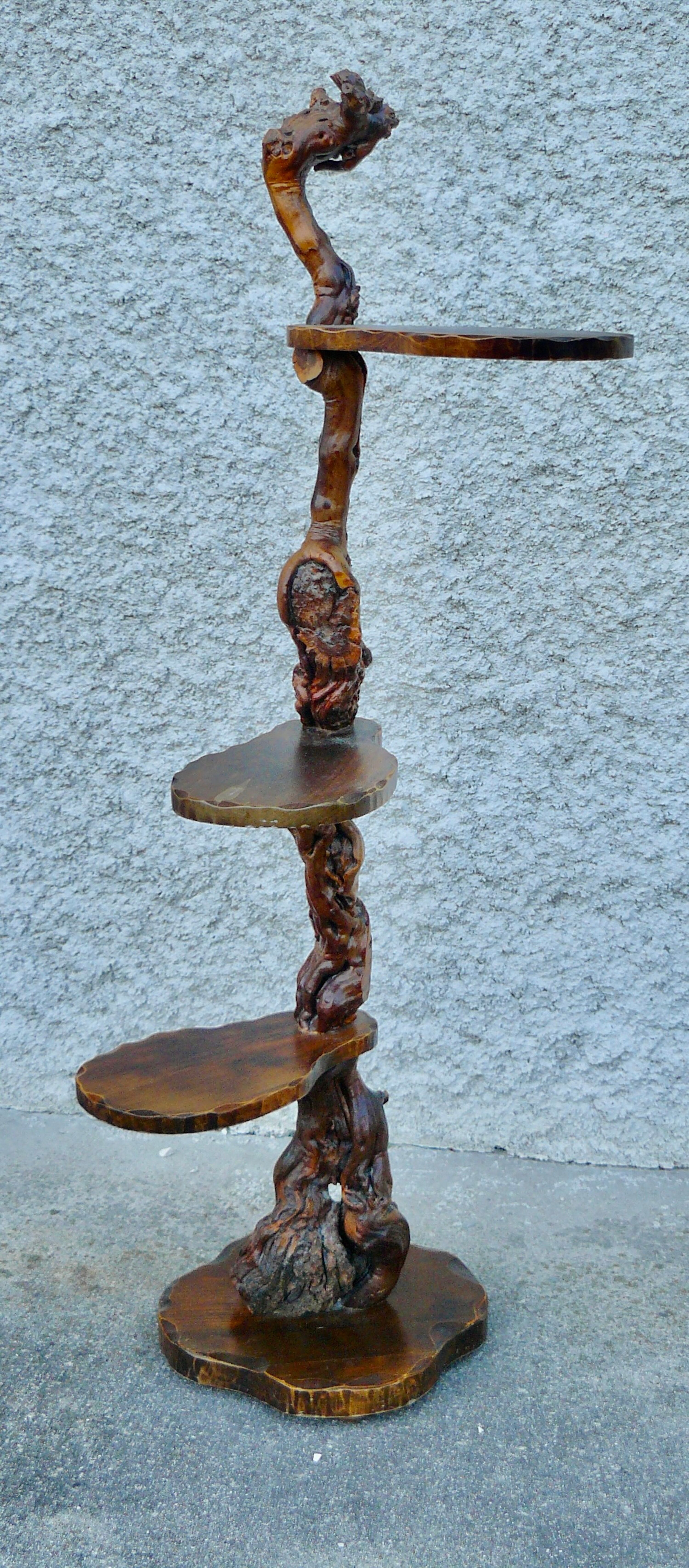 Brutalist shelf wood and vine holder vintage plant 1960