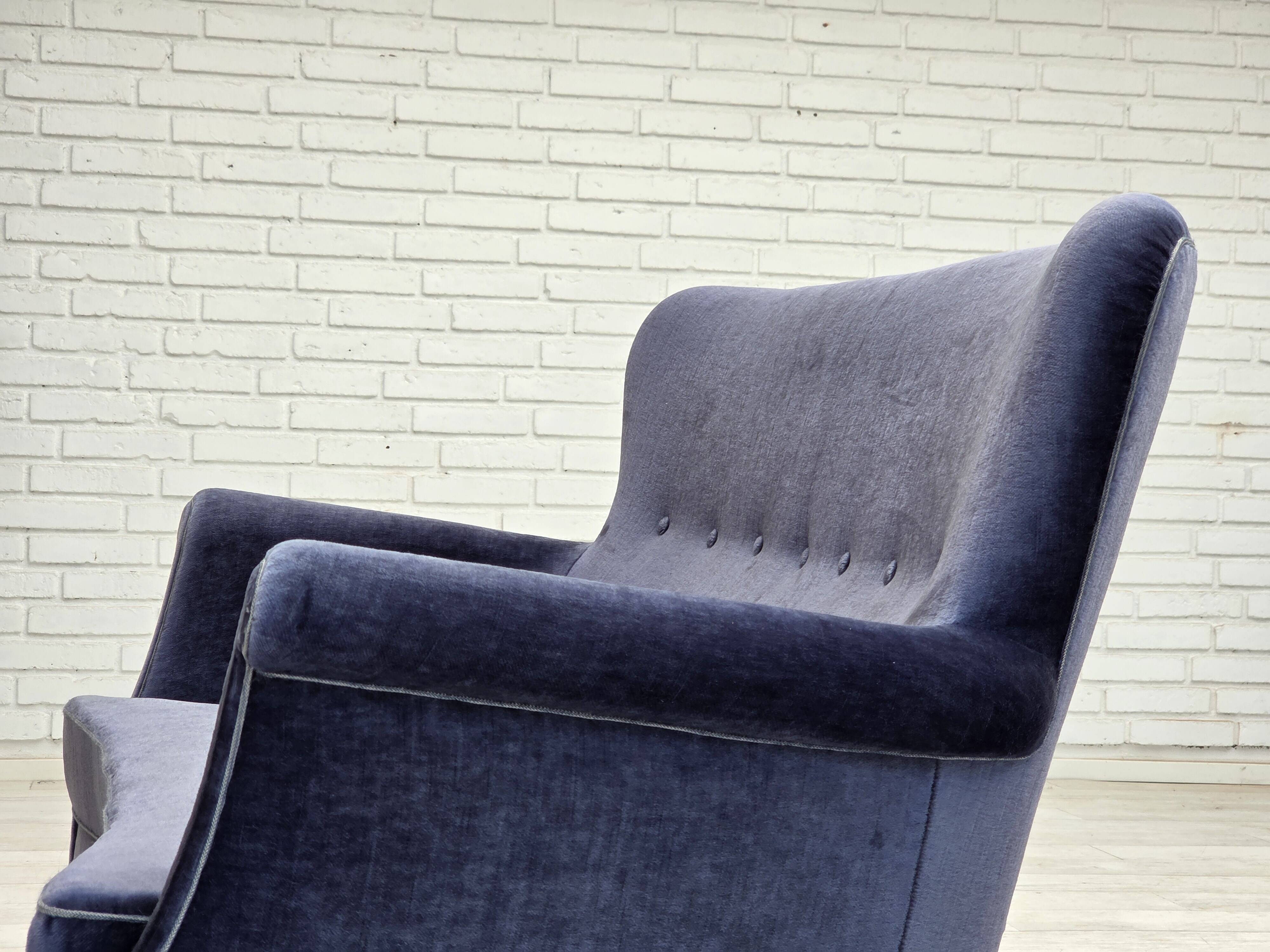 1960s, Danish 2-seater sofa, original blue furniture velour, beech wood.