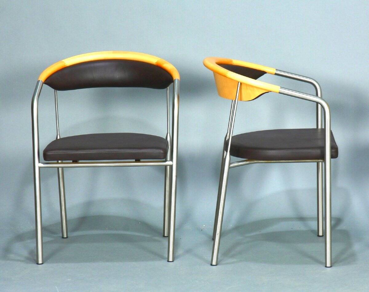 Series of 6 danish armchairs in stainless steel and wood, dark brown leather seats from the 1990s