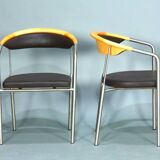 Series of 6 danish armchairs in stainless steel and wood, dark brown leather seats from the 1990s