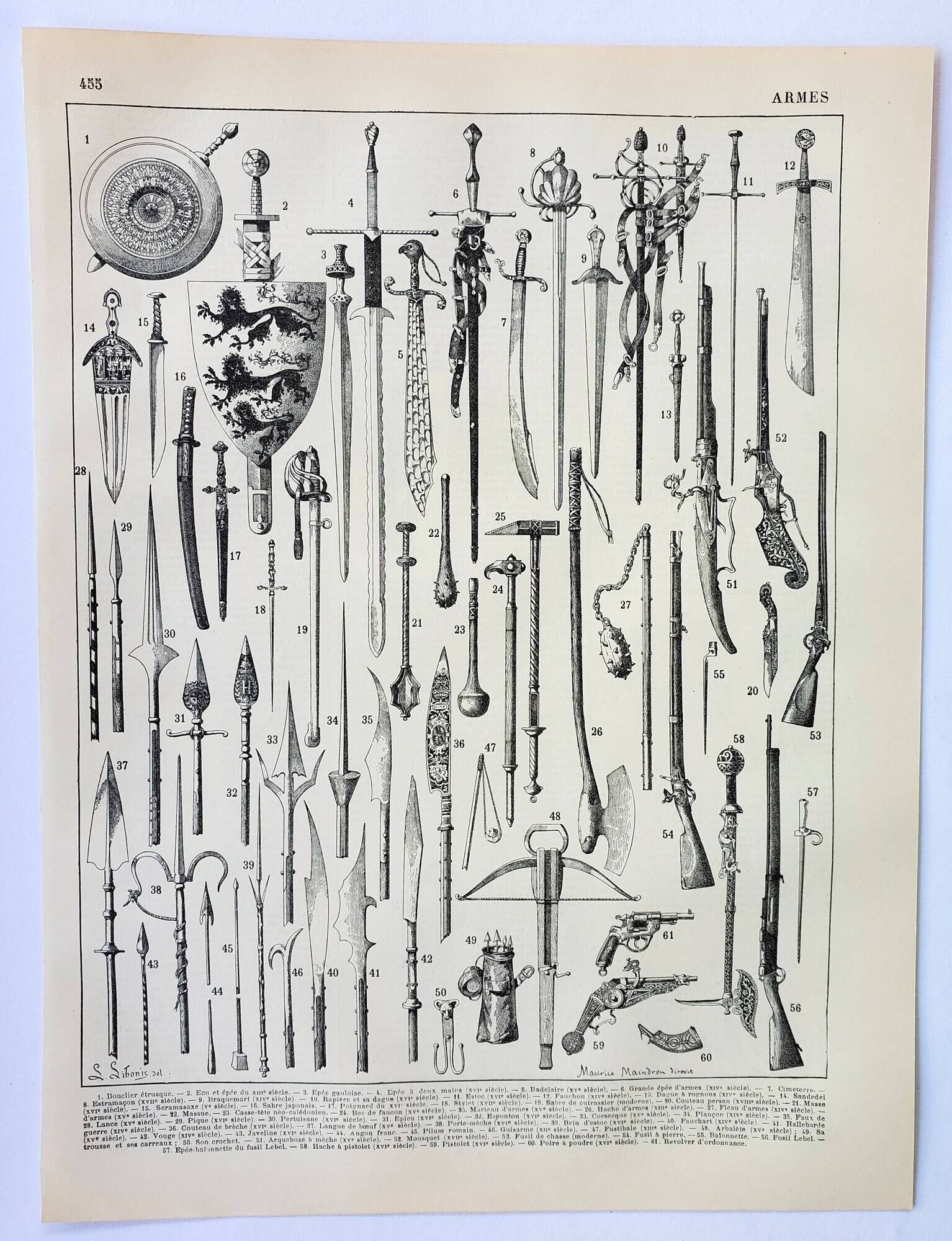 Old engraving 1898, Ancient weapons, sword, pistol, knife • Lithograph, Original plate