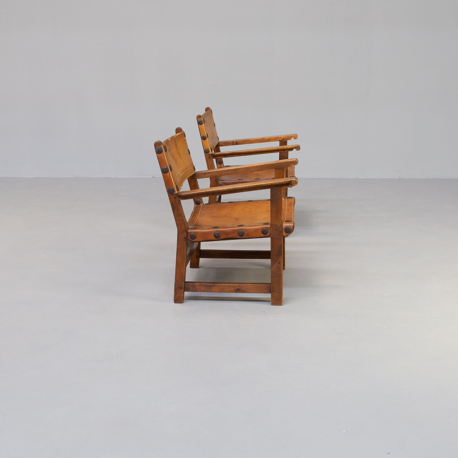 50s oak brutalist spanish chair with saddle leather