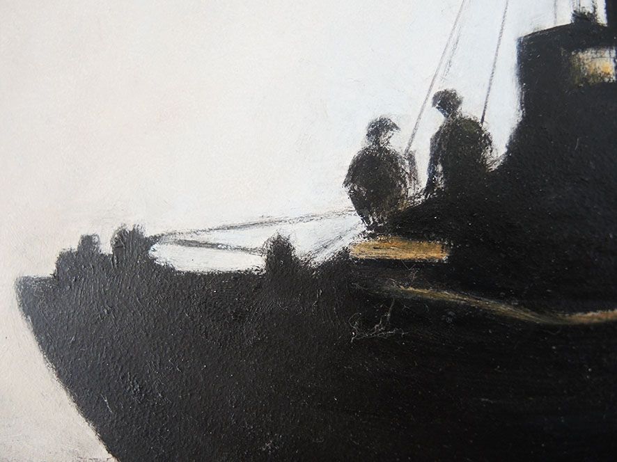 Oil on Wood Framed and Signed Henri Merlet : Fishing Boat between Dog & Wolf
