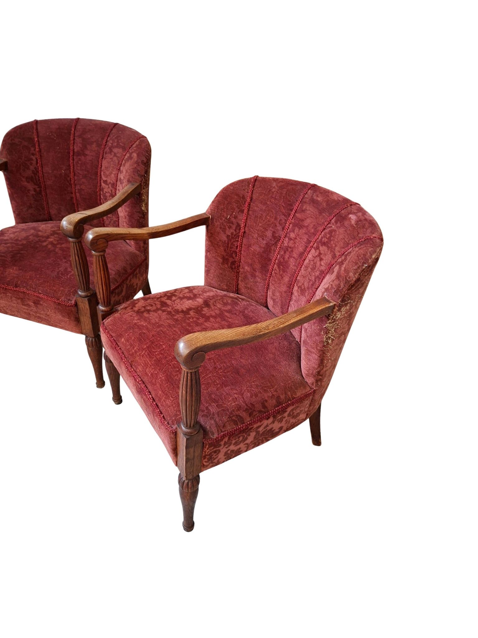 Elegante Coppia di Poltrone Vintage Anni '60 in Rovere e Velluto Damascato