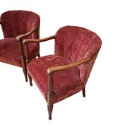 Elegante Coppia di Poltrone Vintage Anni '60 in Rovere e Velluto Damascato