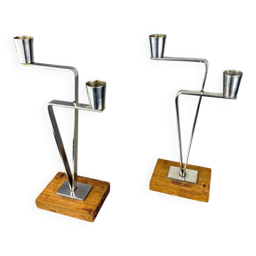Pair of Scandinavian 2-arm candle holders – stainless steel & rosewood, Denmark 1970s