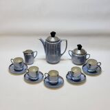 Art deco coffee service in fine iridescent blue porcelain, metal and wood