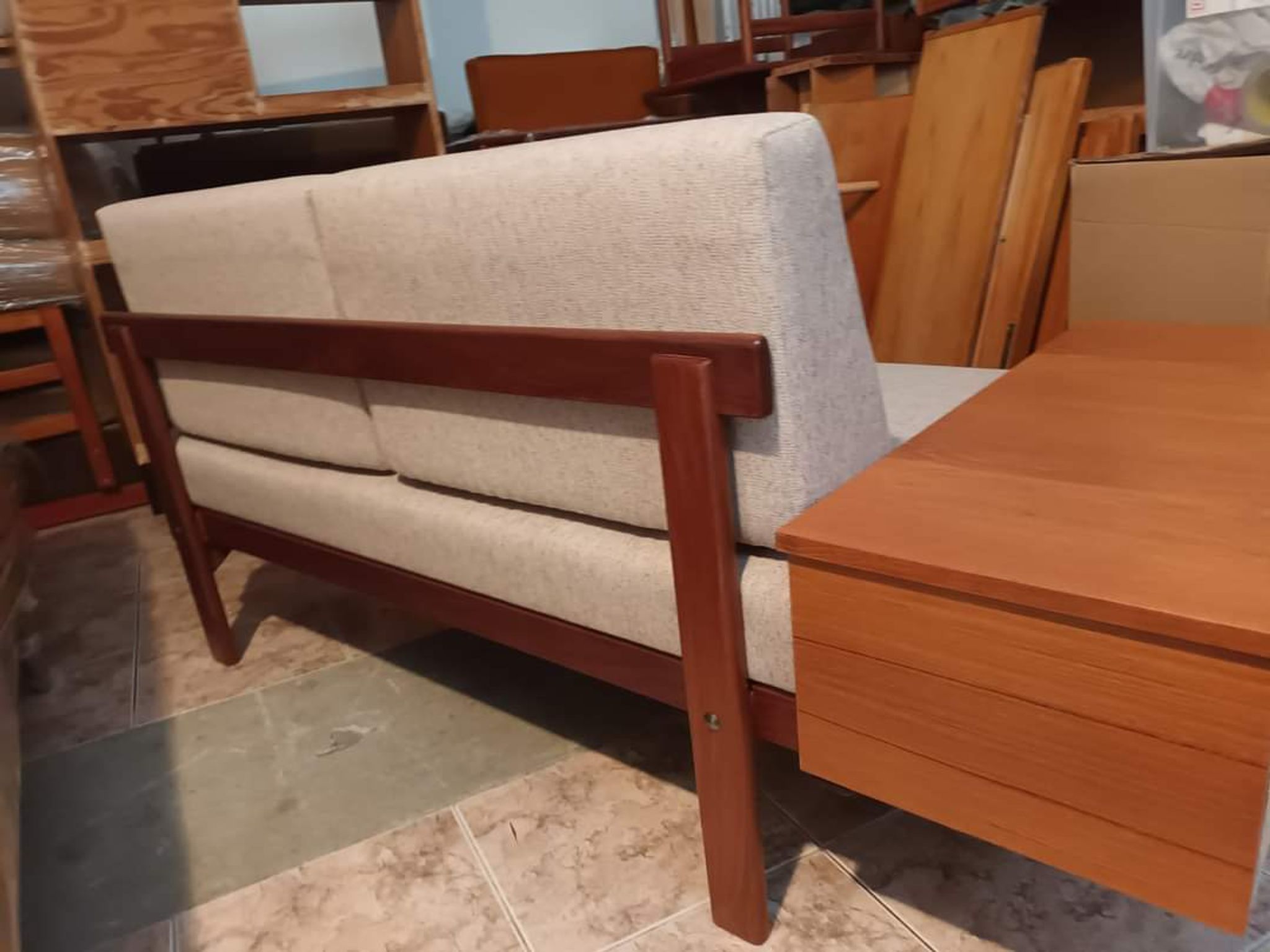 Norwegian daybed sofa in teak and blue fabric, renovated, vintage scandinavian 1960s