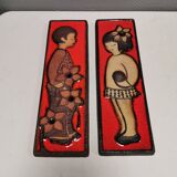 Long Søholm relief in beautiful red glaze with a motif of a girl and a boy