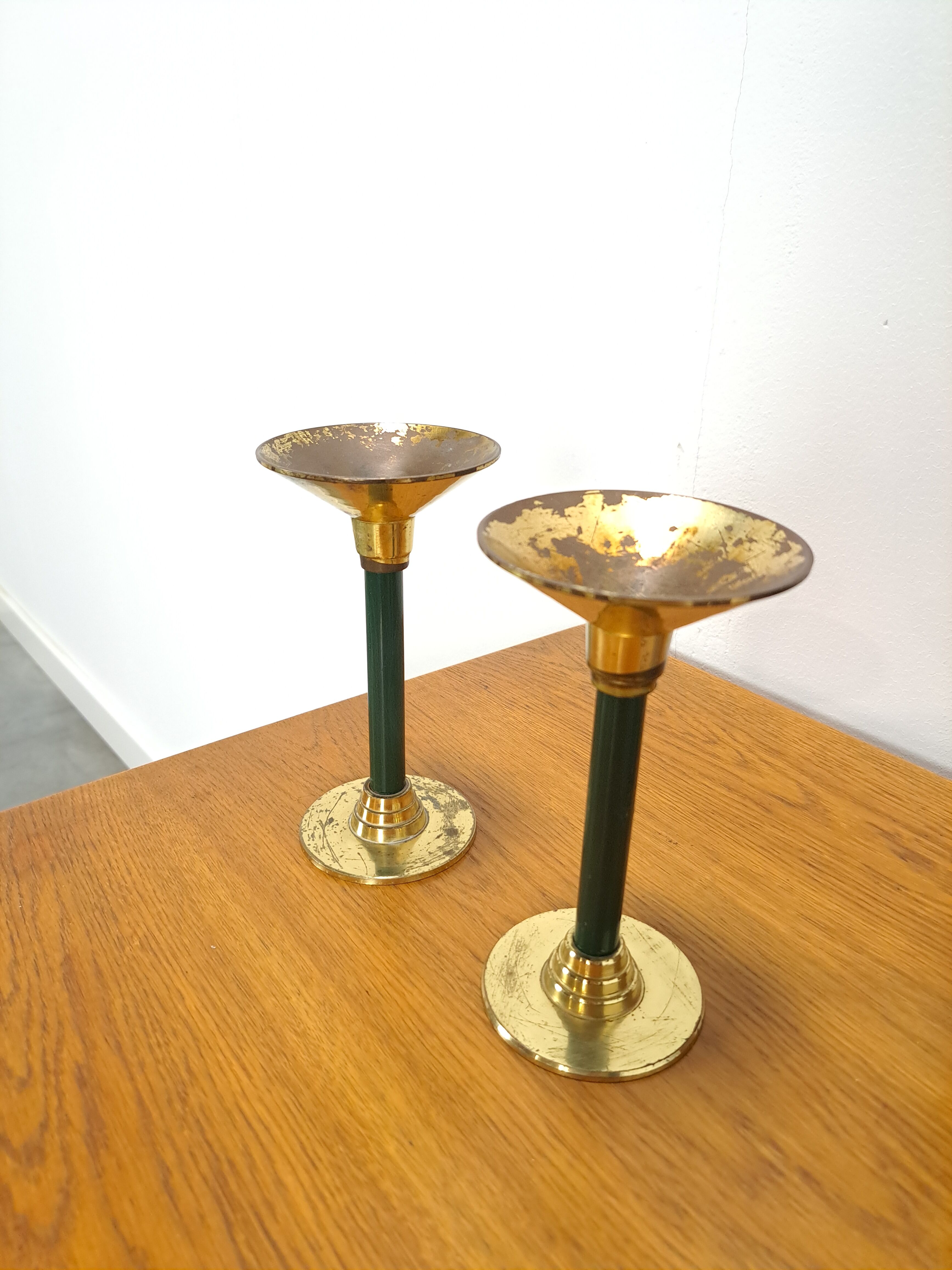 Brass candlesticks with dark green vintage