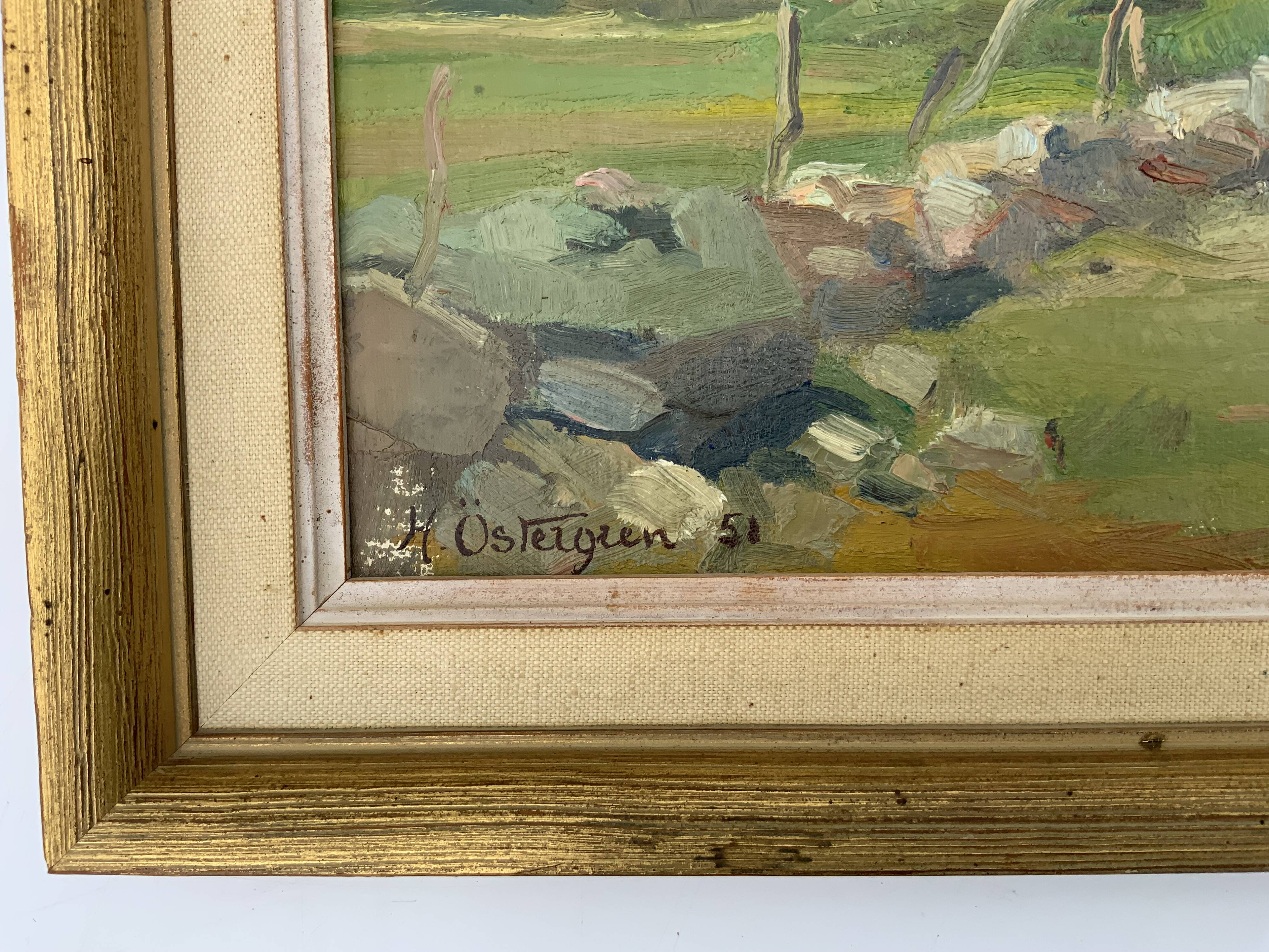 Vintage Modernist Landscape Scene Oil Painting H. Ostergren 1951