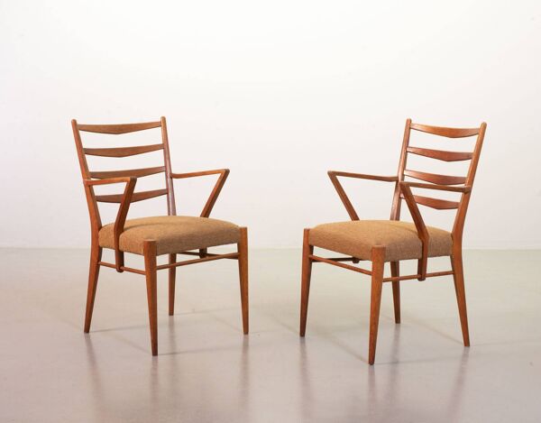 Fauteuils échelle en bois et tissu bouclé caramel Cees Braakman Dutch Design