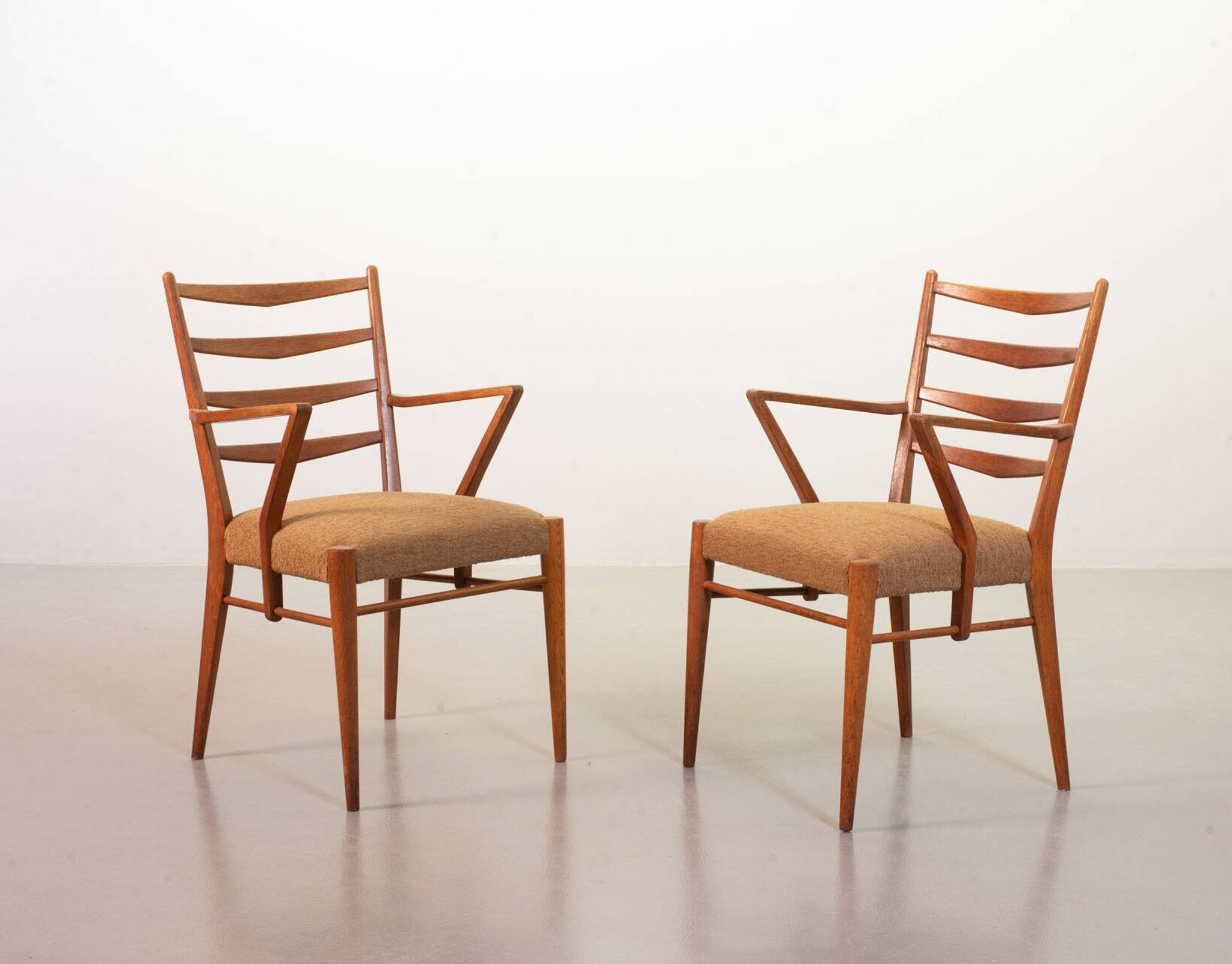 Cees Braakman Dutch Design Wooden Ladder Arm Chairs & Caramel Bouclé Fabric