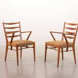 Cees Braakman Dutch Design Wooden Ladder Arm Chairs & Caramel Bouclé Fabric