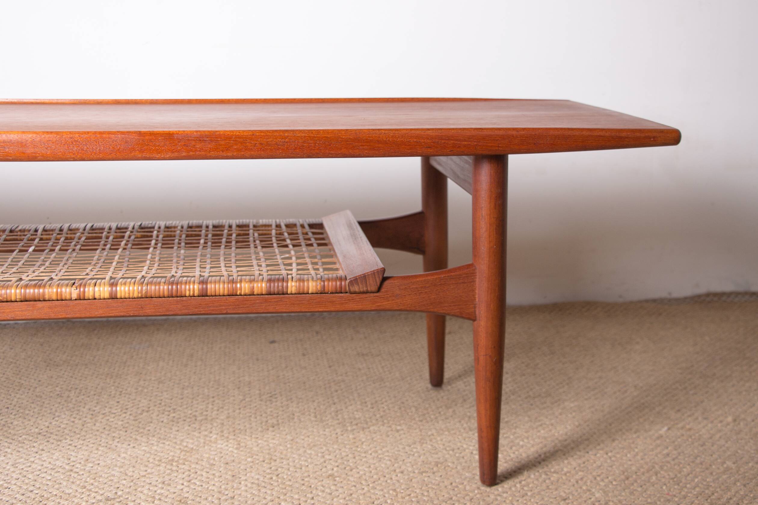 Danish coffee table in teak and rattan by KT Mobler 1960