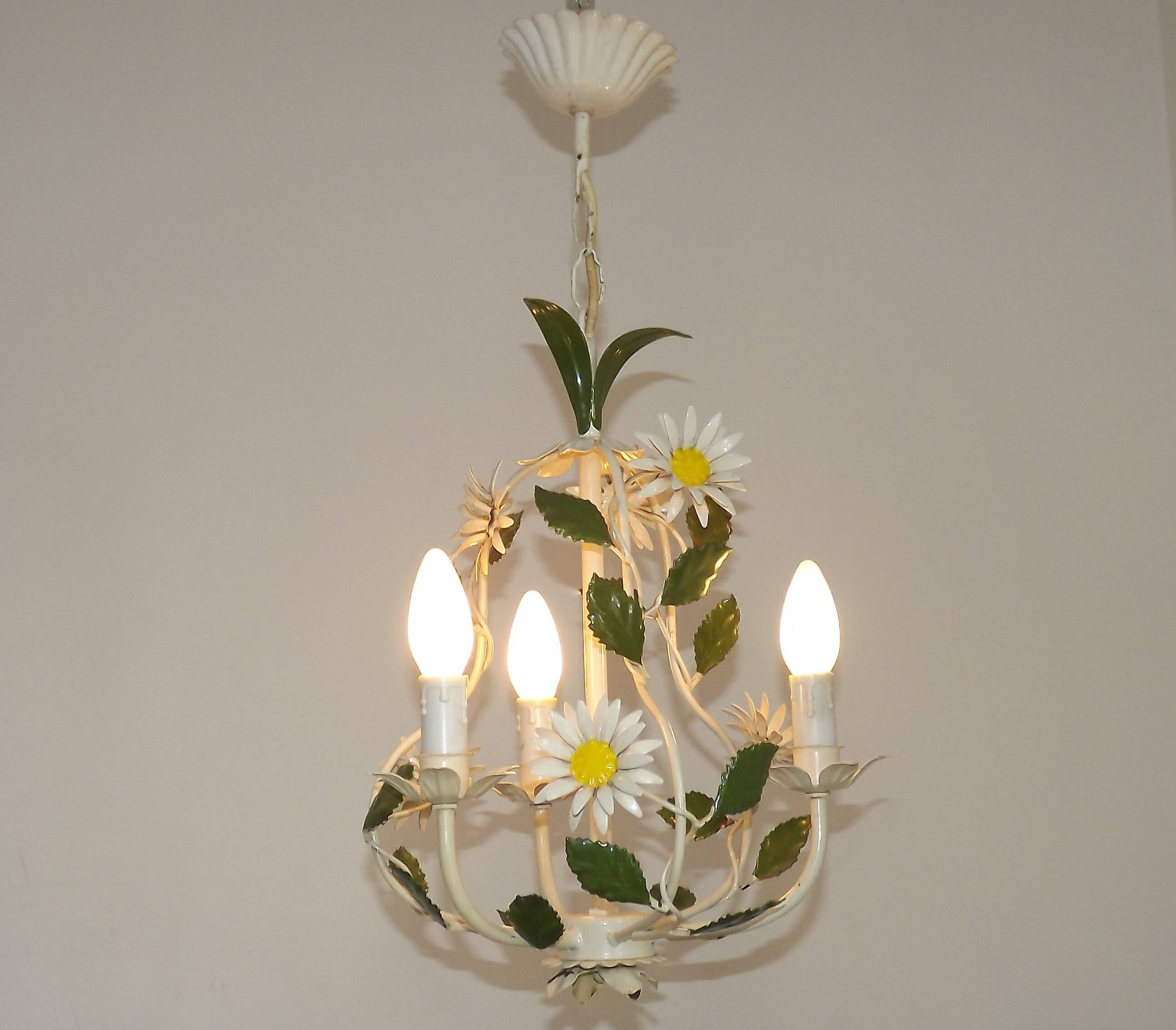 French Vintage 3 Light Daisy Flower Metal Cage Chandelier
