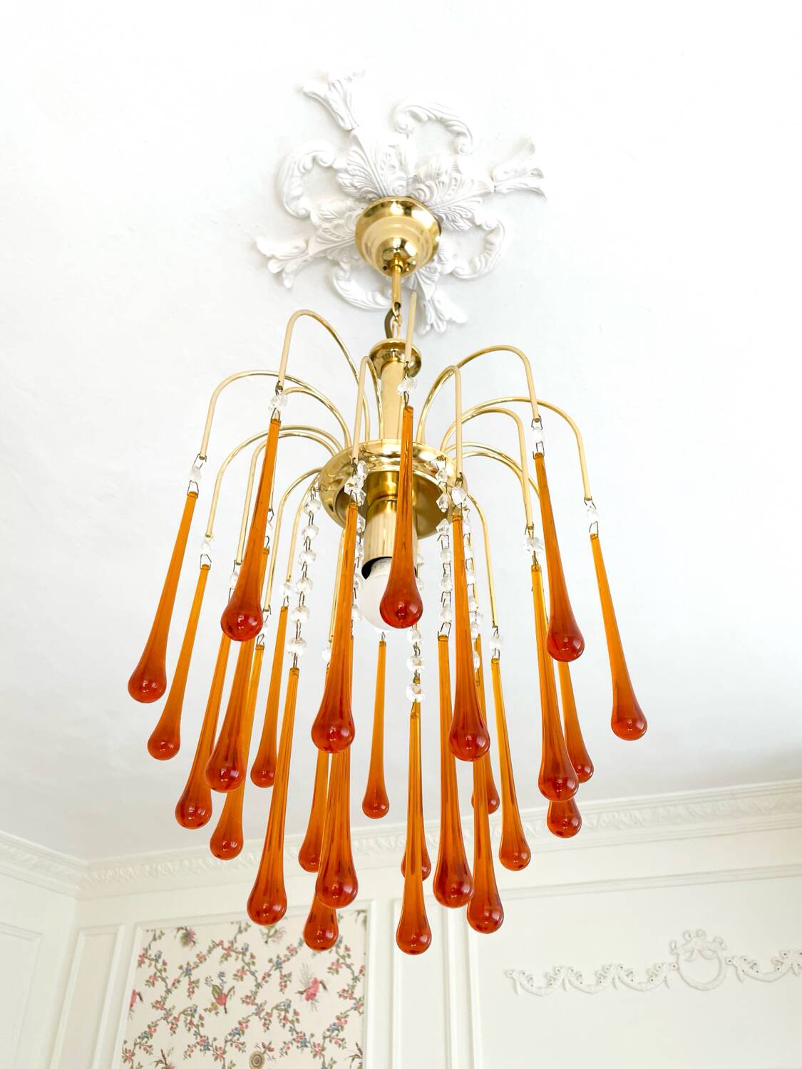 Lustre cascade vintage |  26 gouttes en verre ambré