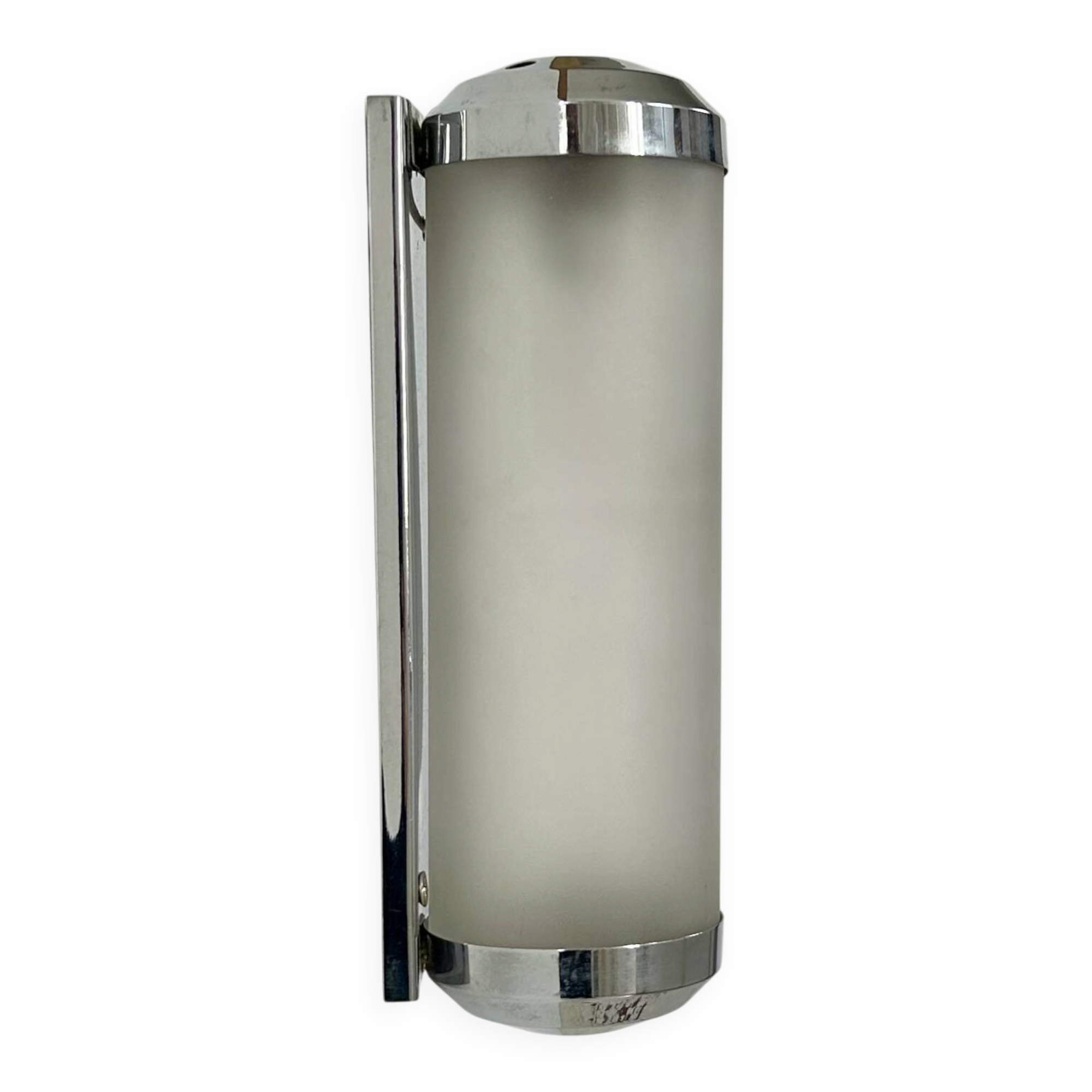 Vintage tubular Art Deco wall light, chrome metal, frosted glass, France, 1930.