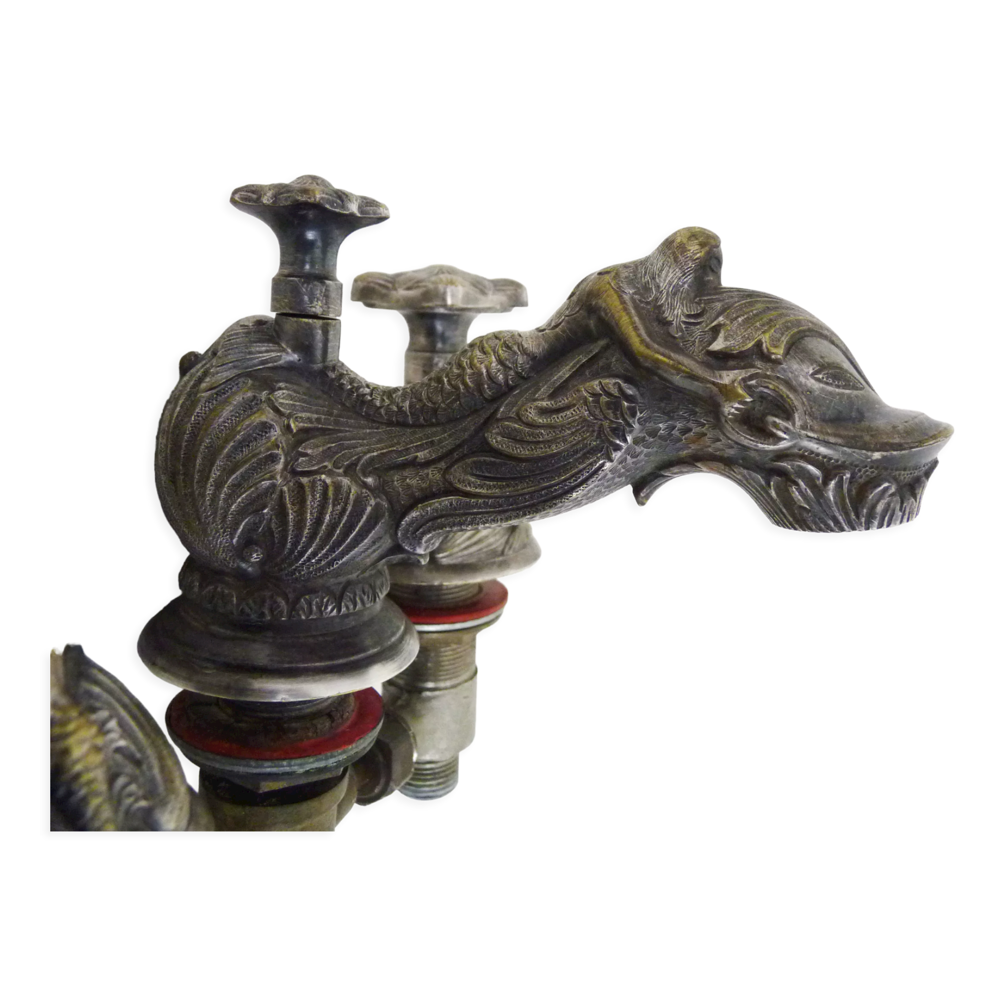 Old bathtub faucet, silver bronze kitchen with dolphin head and mermaid