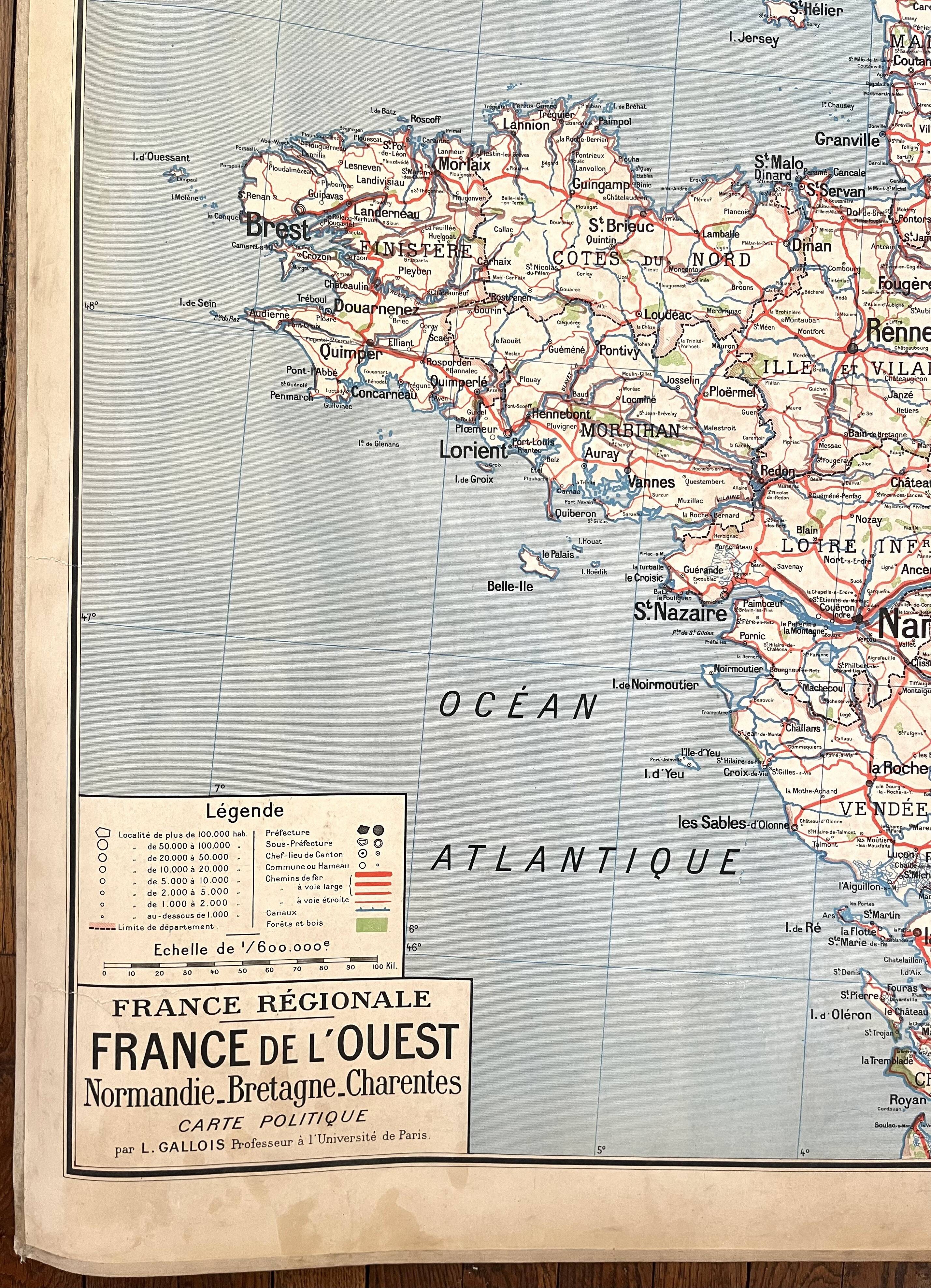🌍Old school map Vidal-Lablache 60, 1940 - West France, Brittany