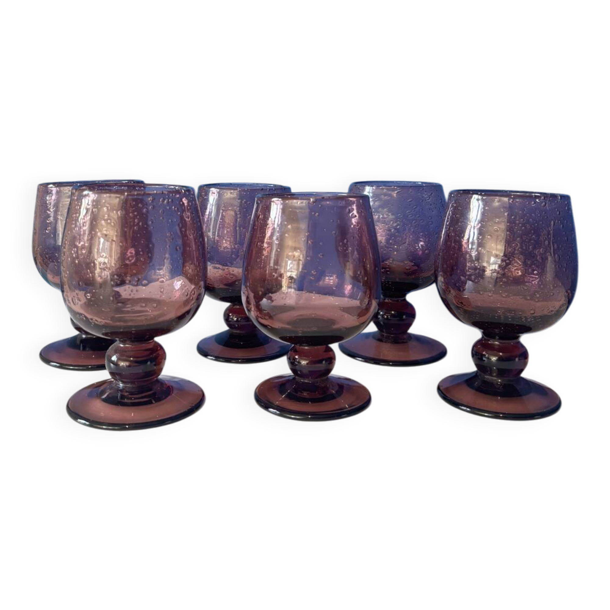 Set of 6 purple bubble glass glasses signed Biot – mouth-blown