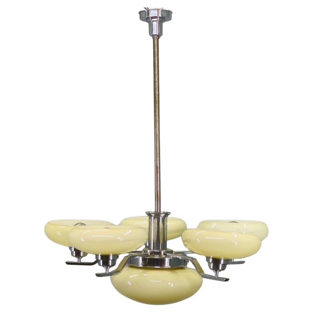 Art Deco Chrome Chandelier with Six Opaline Glass Shades, 1930s