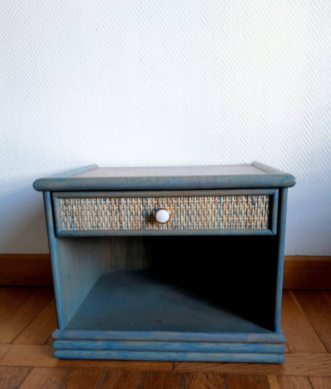 Pair of vintage Maugrion style rattan bedside tables.
