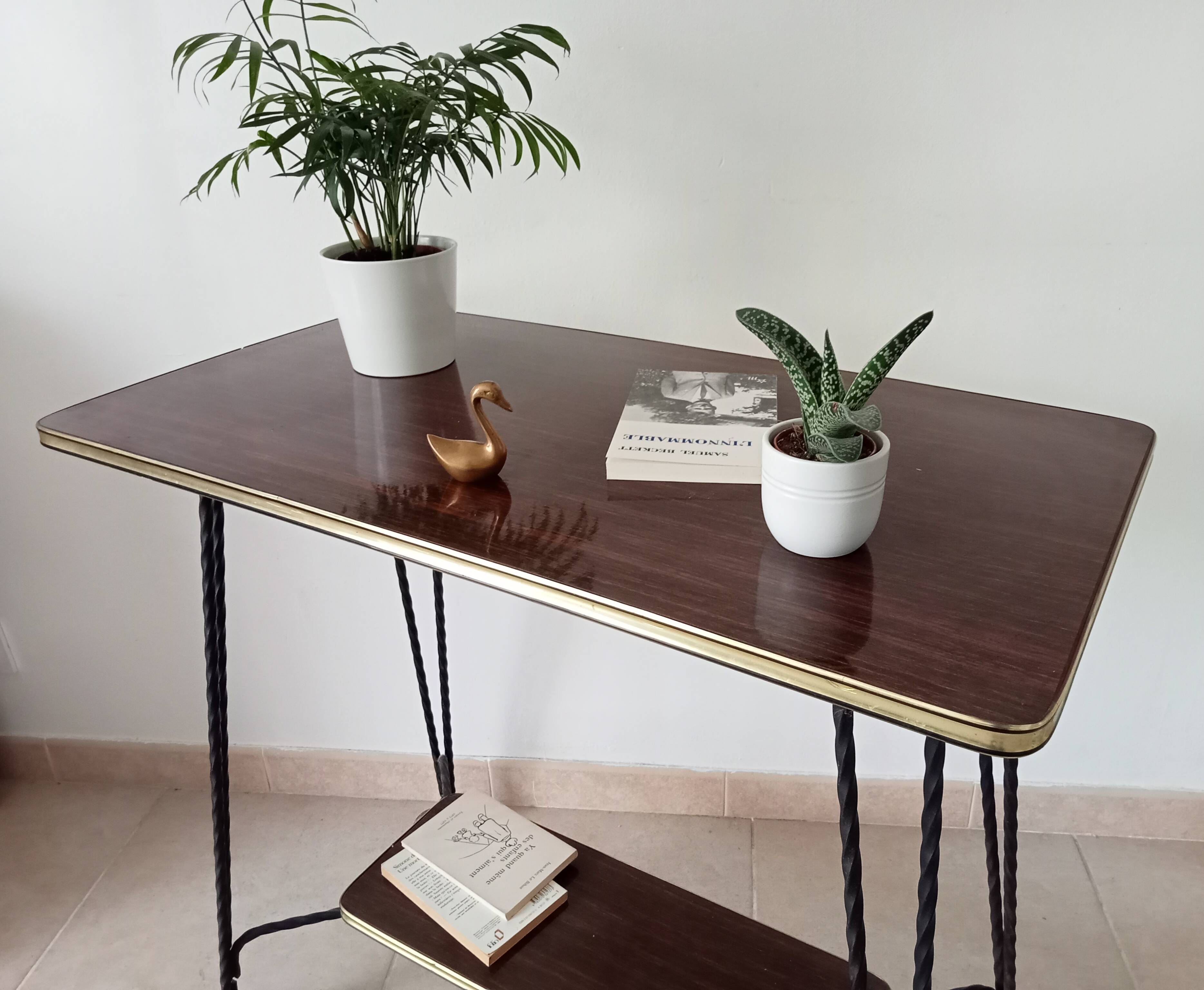 Vintage Formica and wrought iron rolling dessert trolley/side table.