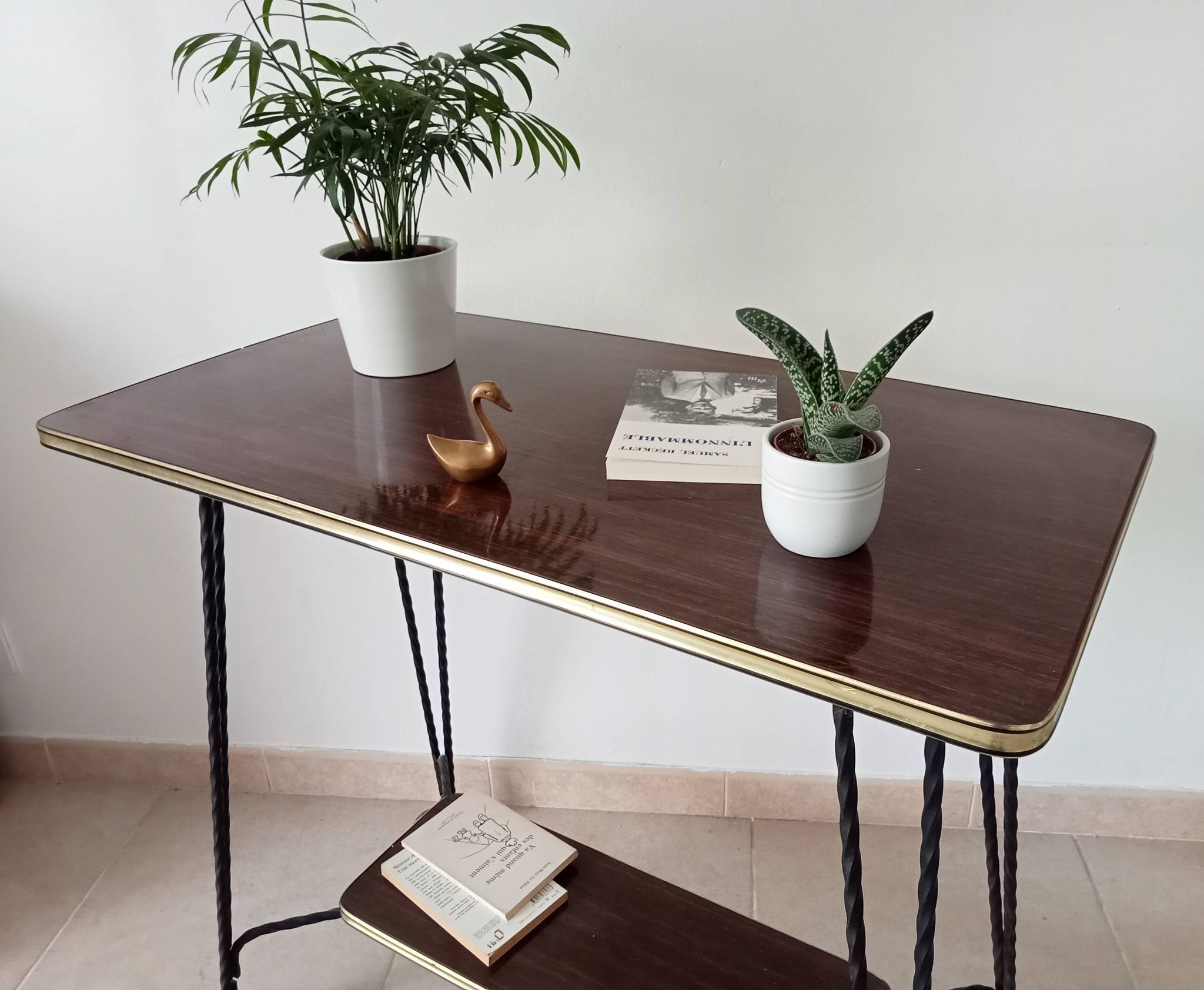 Vintage Formica and wrought iron rolling dessert trolley/side table.