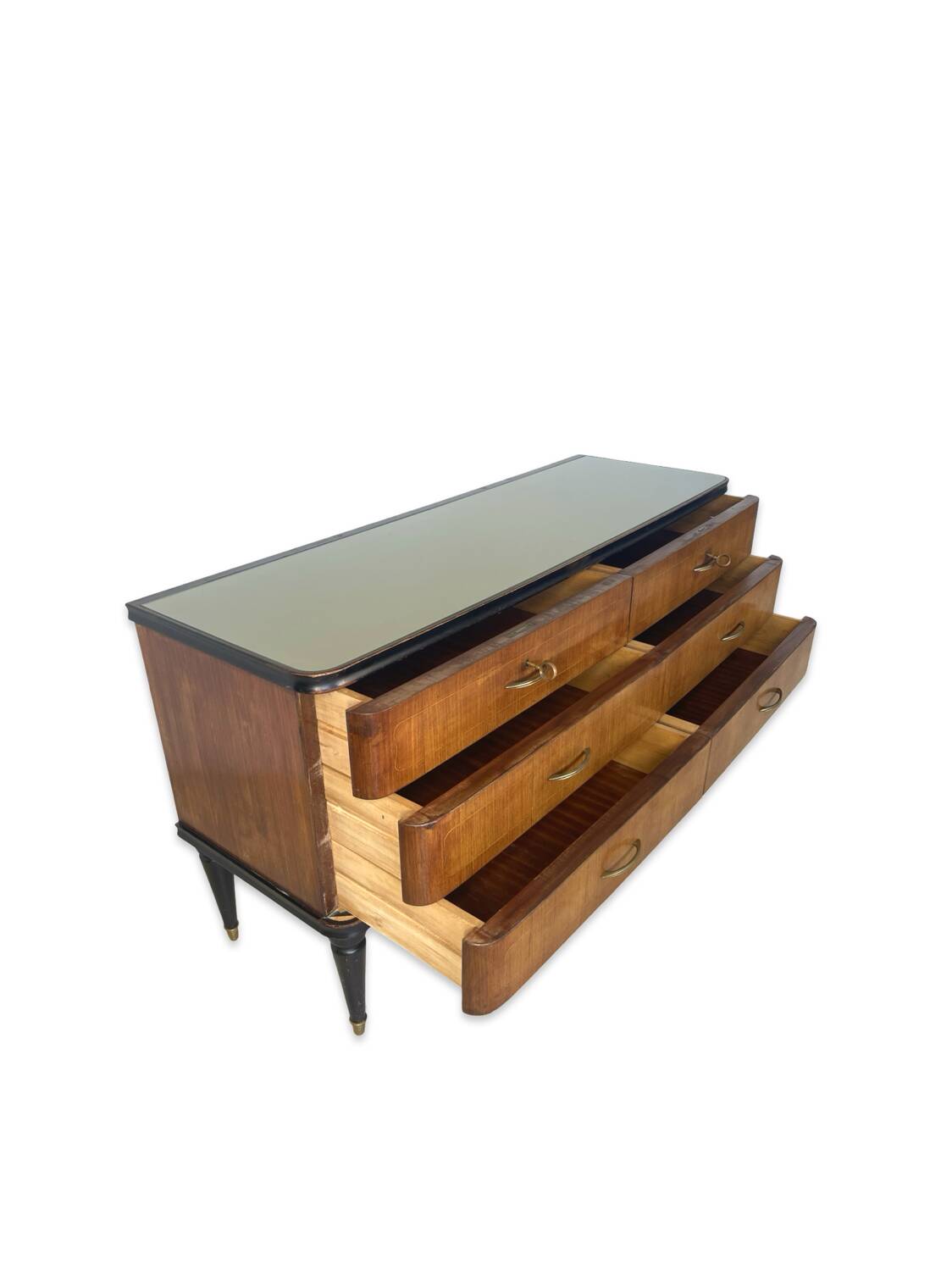 Commode en acajou plaqué avec plateau en verre vert, années 1950