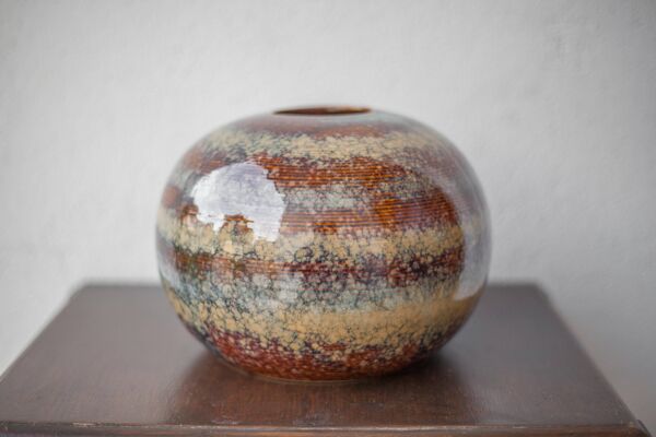 Vase céramique vernissée striée, vase boule, pot à fleurs, décoration intérieur, collection, 70's