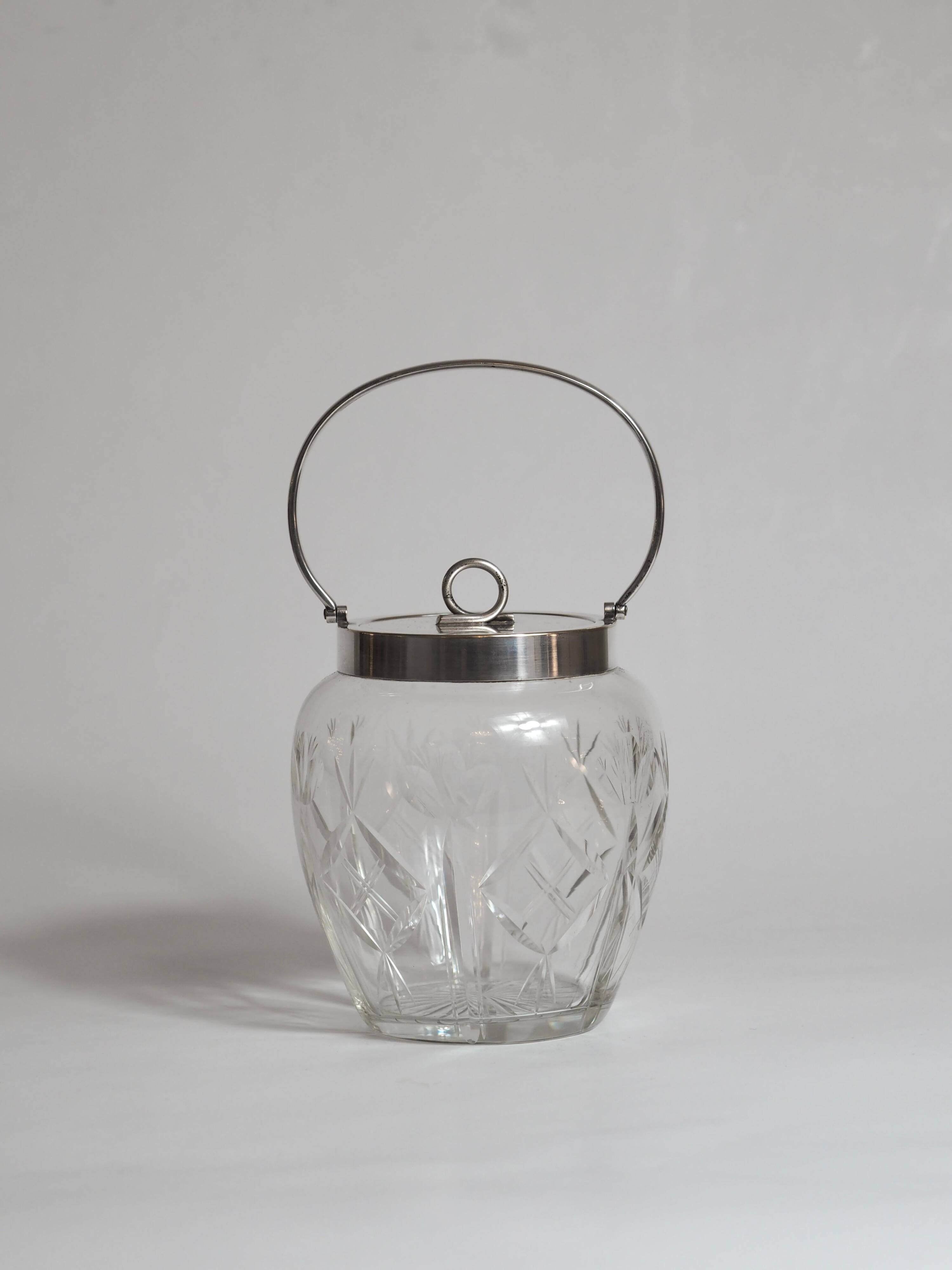 Crystal biscuit barrel with silver-plated mounts and handle, Austrian cut, 1920s.