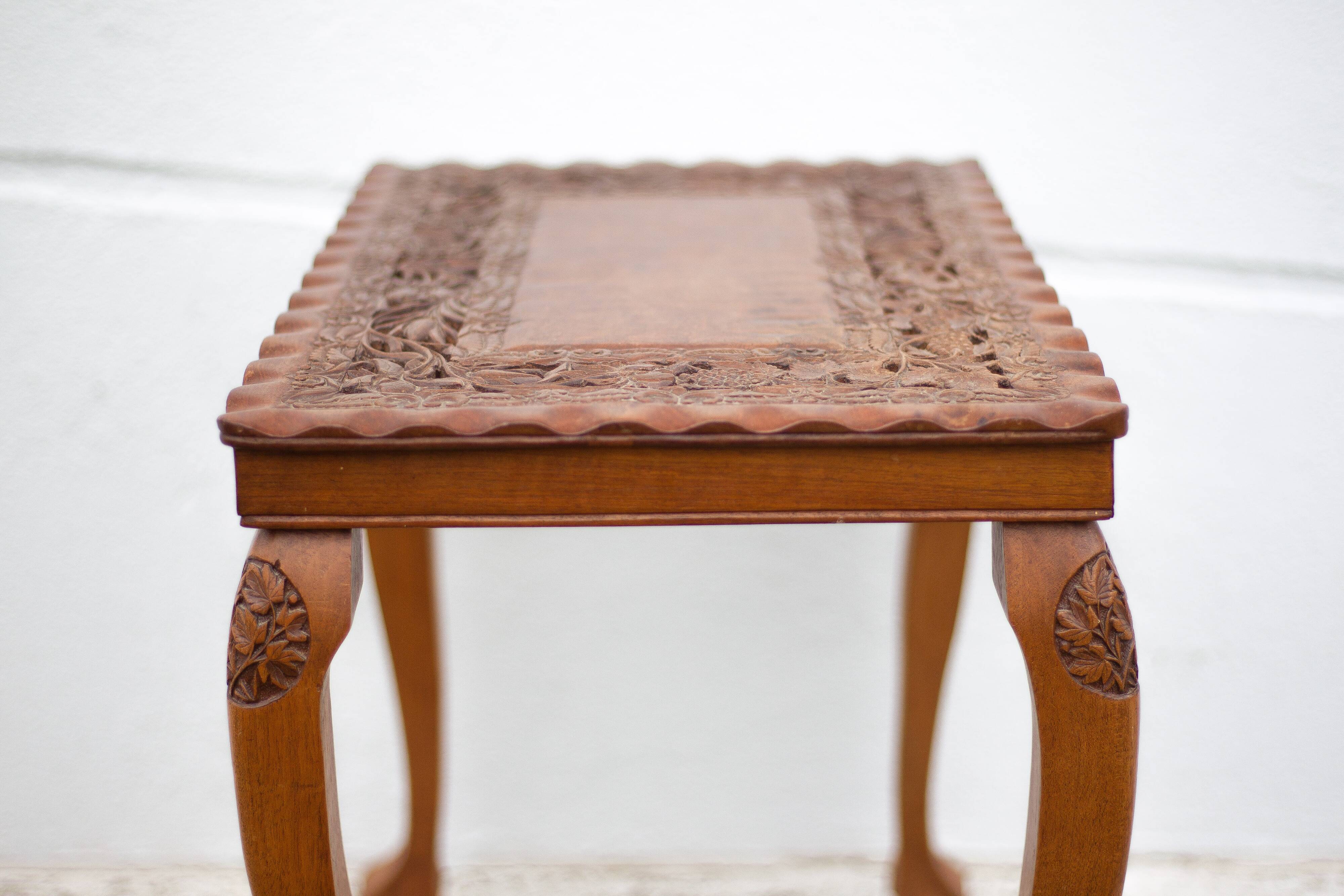 Handmade carved wooden pedestal table, vintage molded coffee table, claw foot table