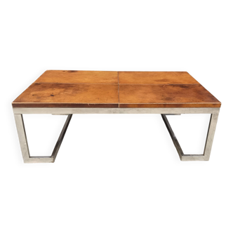 Table basse en cuir et chrome, années 1970