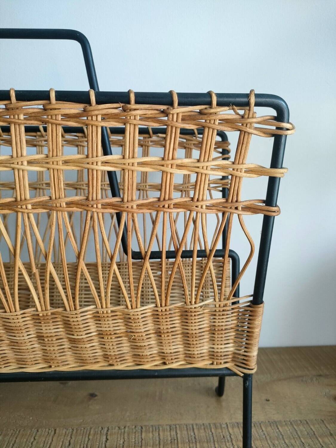 Iron and Rattan Magazine Rack - 1960s - Vintage