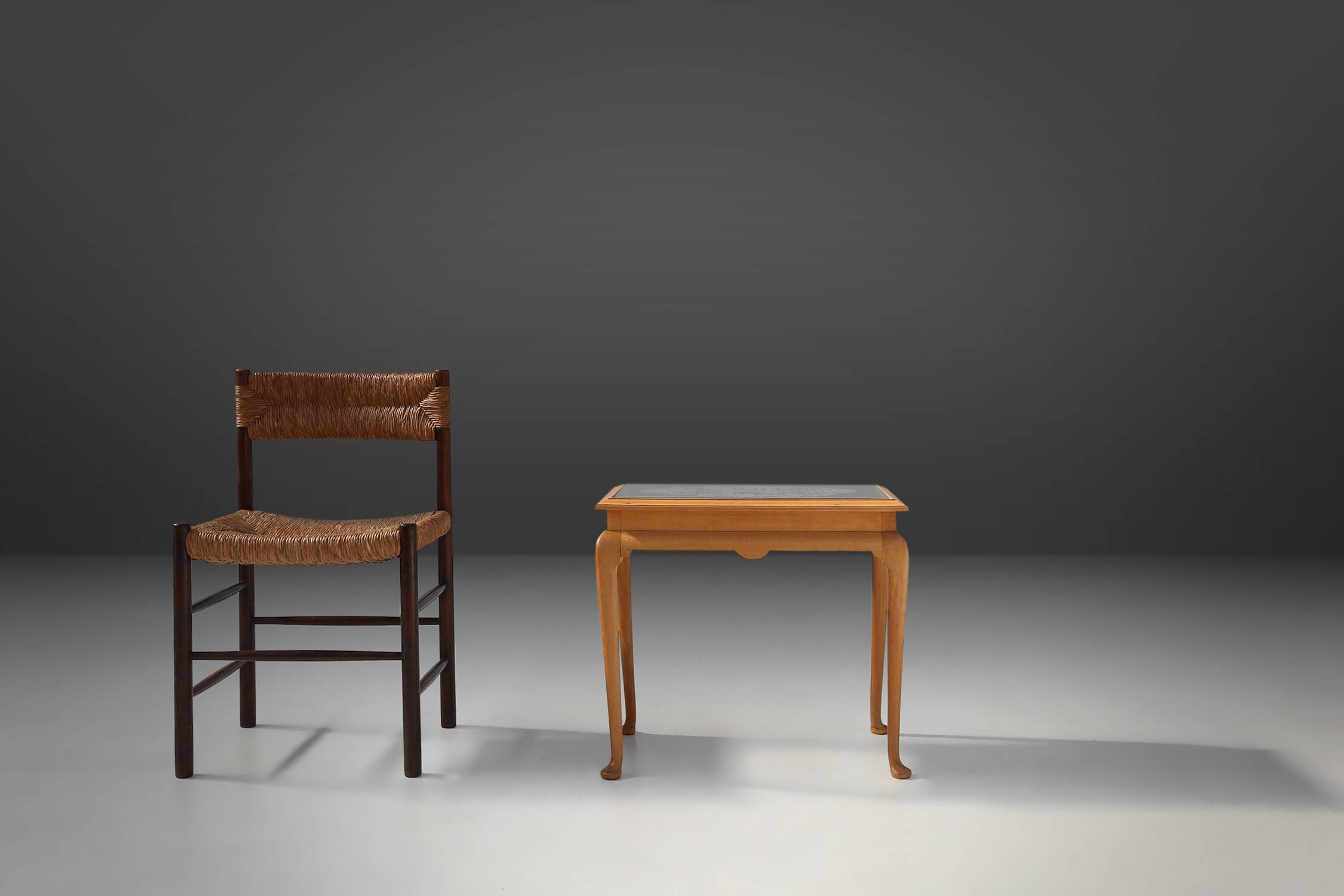 Elegant French side table in beech wood with lace inlay and glass top, 1950s