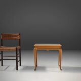 Elegant French side table in beech wood with lace inlay and glass top, 1950s