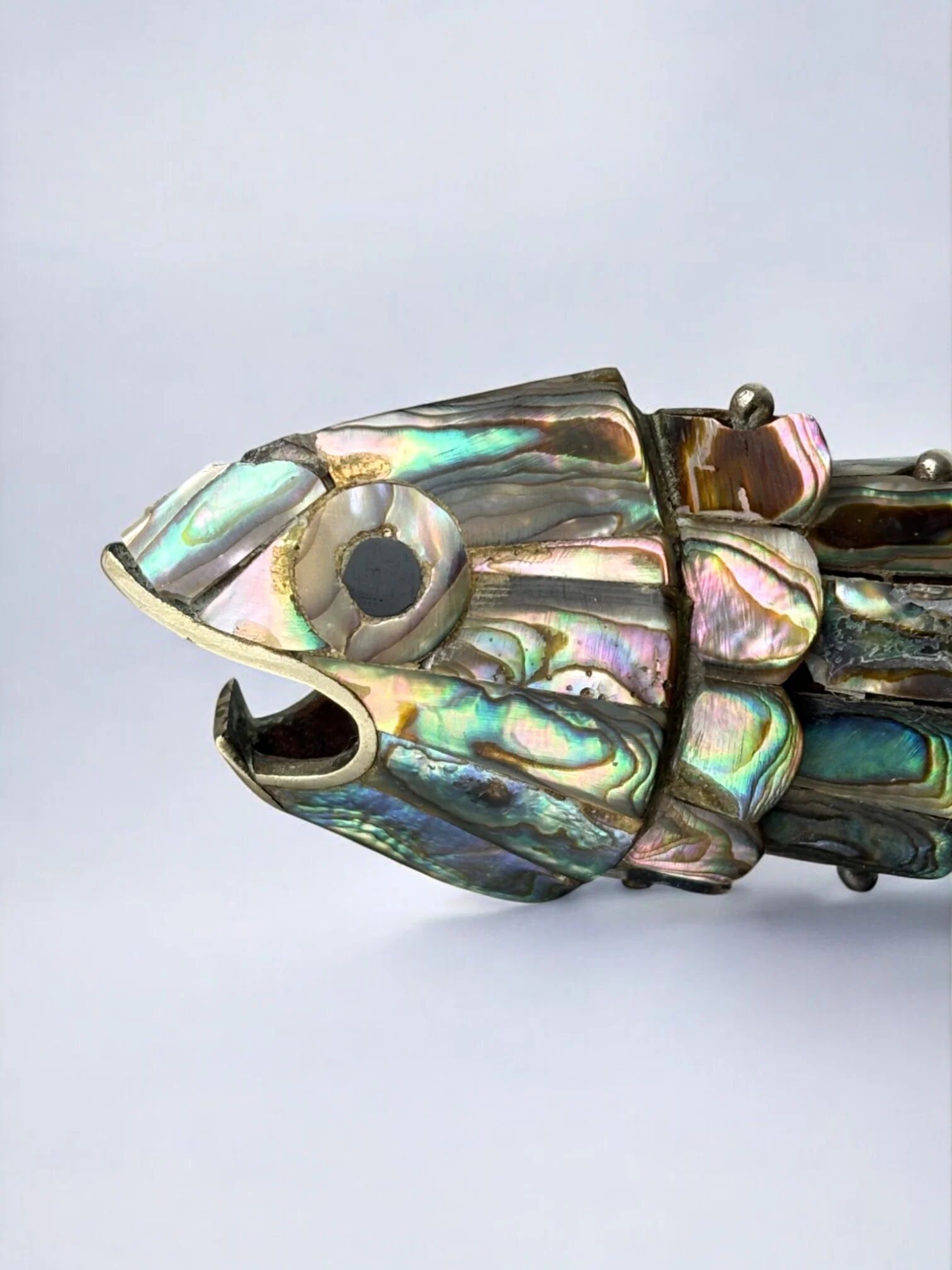 Articulated abalone shell and brass fish bottle opener, Mexico, 1980s, 17 cm