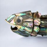 Articulated abalone shell and brass fish bottle opener, Mexico, 1980s, 17 cm