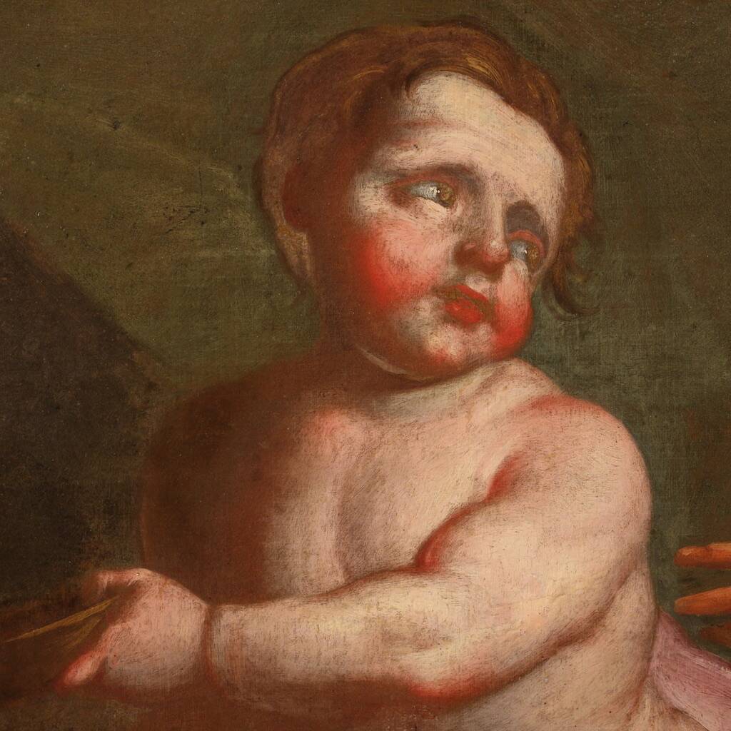 Antique Italian painting from the 17th century, bacchanal of cherubs
