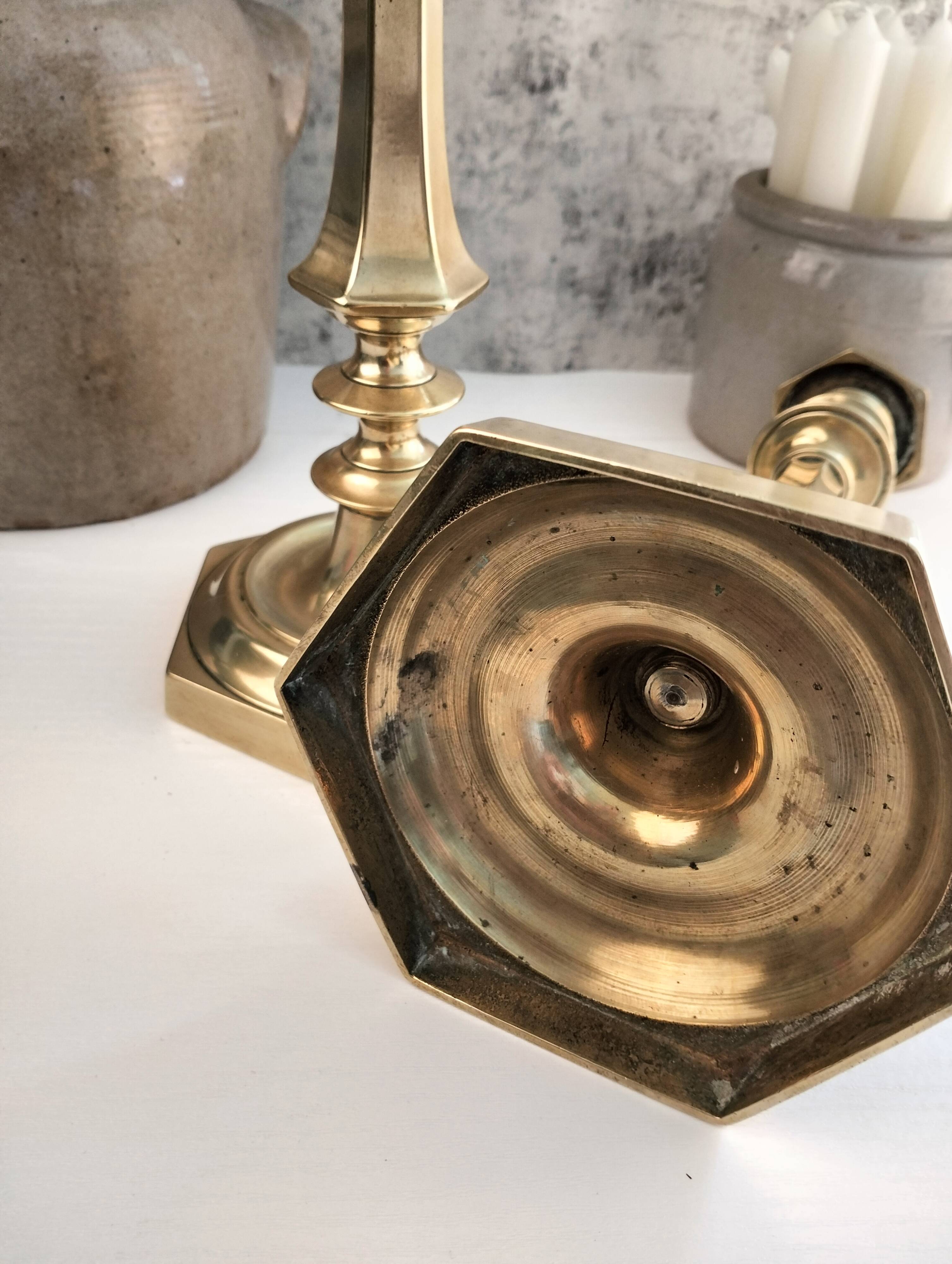 Charming Pair of Victorian Brass Candlesticks with Octagonal Bases - Matching Antique Candle Holders