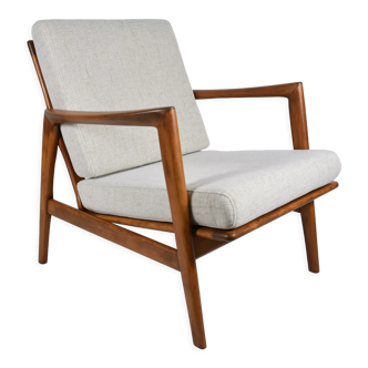 Scandinavian restored armchair Baczyk with footrest, 60s icon, brown fabric, teak