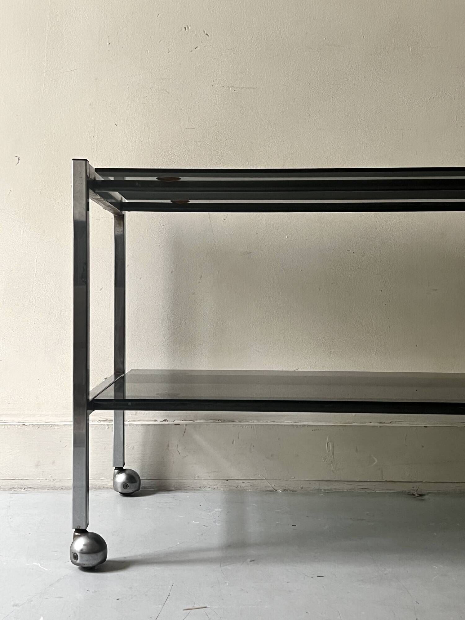 Low hi-fi/TV trolley in chrome and smoked glass, 1970s design