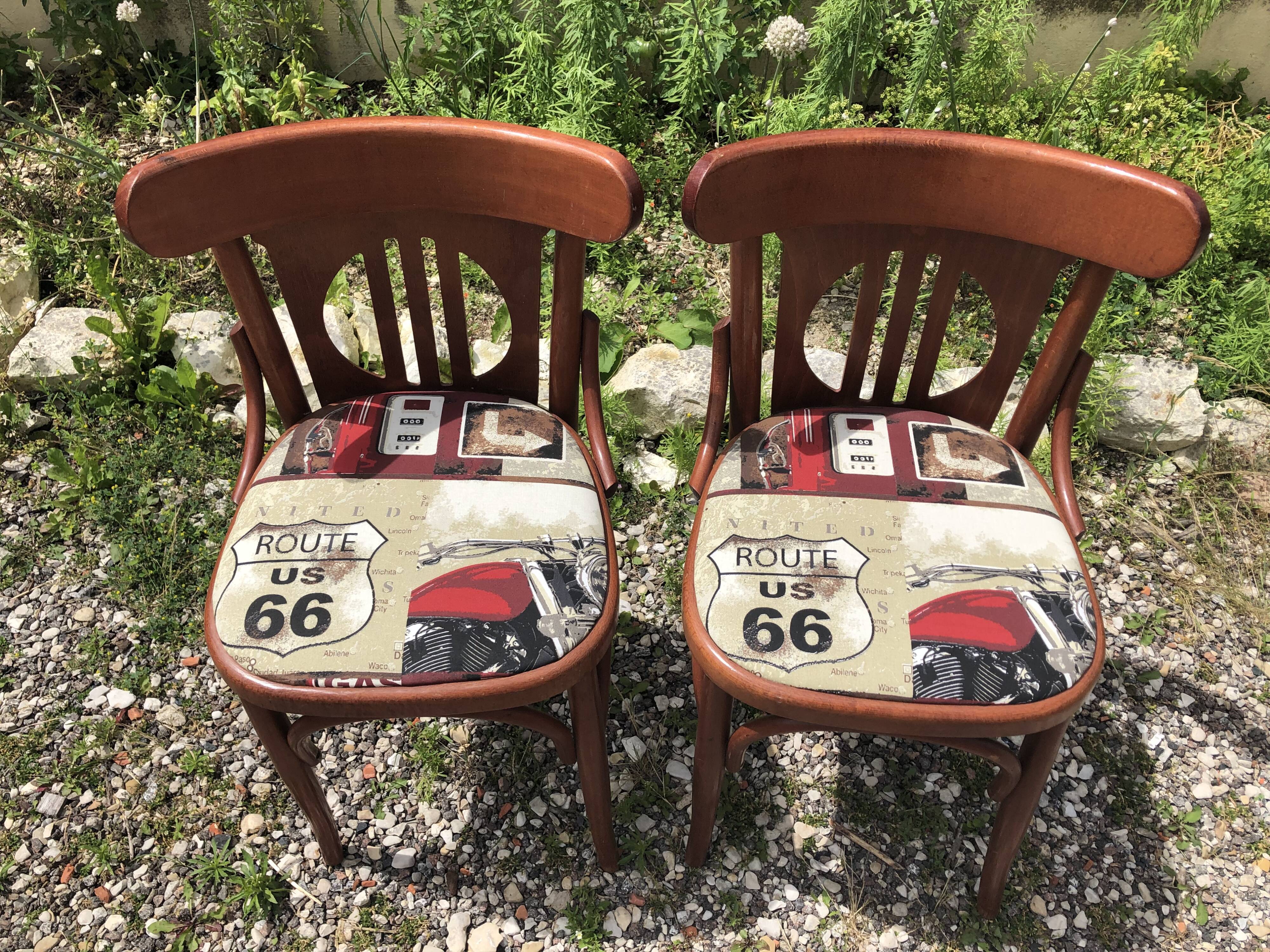 Pair of vintage bentwood chair + route 66 fabric seat