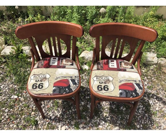 Paire chaise bois courbé + assise tissu route 66 vintage | Selency