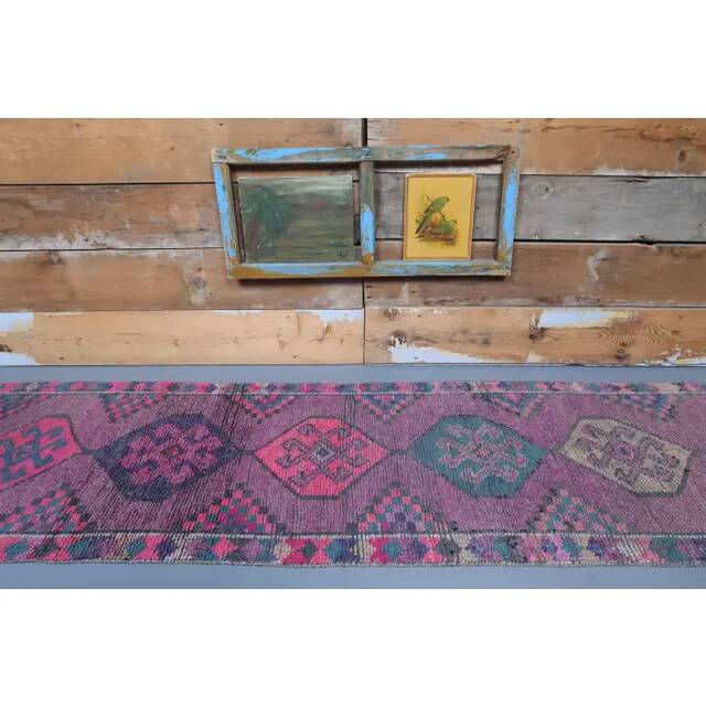 Vintage Purple Pink Natural Turkish Hand-Knotted Runner 82x355