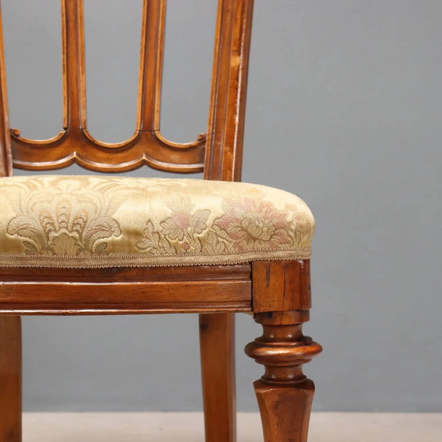 Antique walnut chairs with upholstered seats in fabric, Italy, late 19th century.