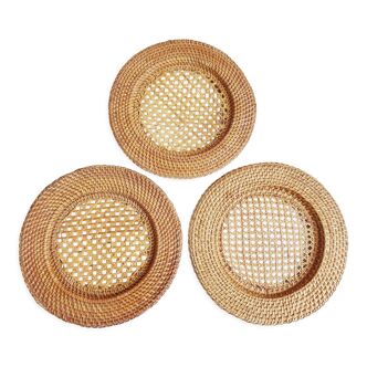 Rattan plates set of 3, natural wall decoration