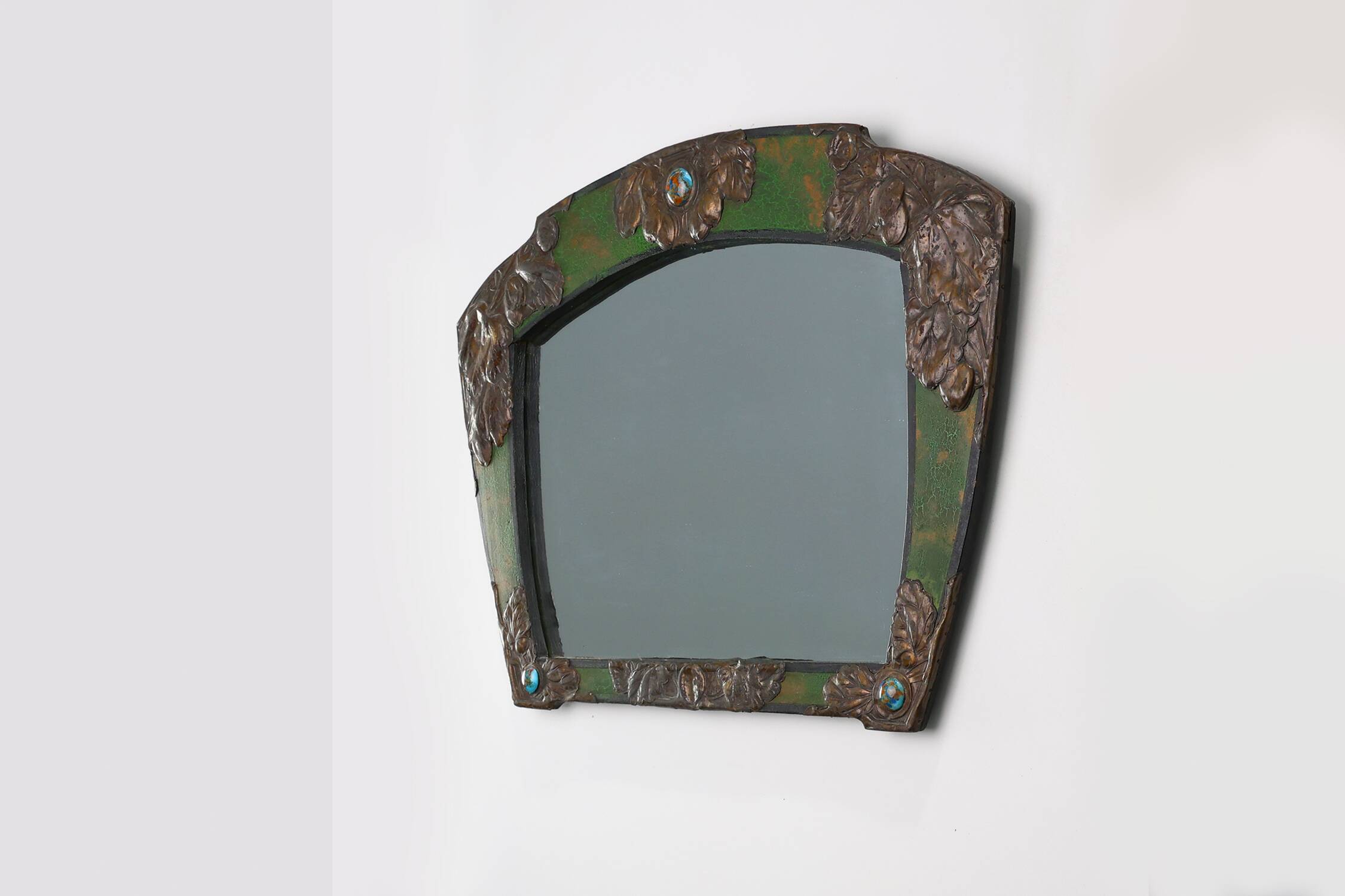 Arts & Crafts Mirror in green metal with glass decoration, France ca. 1905